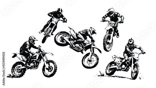 Motocross Action Vector Engraving Set. Detailed Monochrome Illustrations of Riders. Vintage Extreme Sports Symbolsstrator Artwork