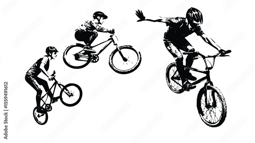 Fototapeta premium BMX Tricks Vector Engraving Set. Detailed Monochrome Illustrations of a Bike Rider in Action. Vintage Extreme Sports Symbols
