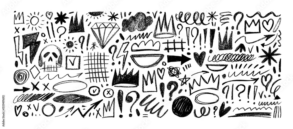 Fototapeta premium Crayon drawn punk doodles and scribbles. Pencil vector drawings, funky question marks and exclamation points, crowns, grid, underlines. Punk retro doodle collection for collage, notes, graphic design.