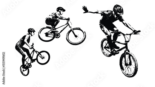 BMX Tricks Vector Engraving Set. Detailed Monochrome Illustrations of a Bike Rider in Action. Vintage Extreme Sports Symbols