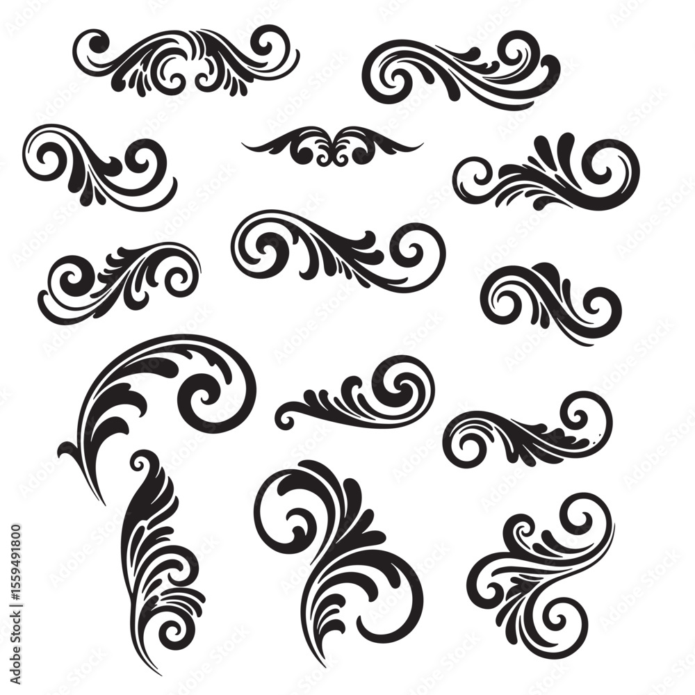 Fototapeta premium Elegant black floral swirls and decorative design elements icon set
