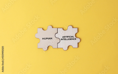 wooden puzzle with human vs artificial intelligence CONCEPT