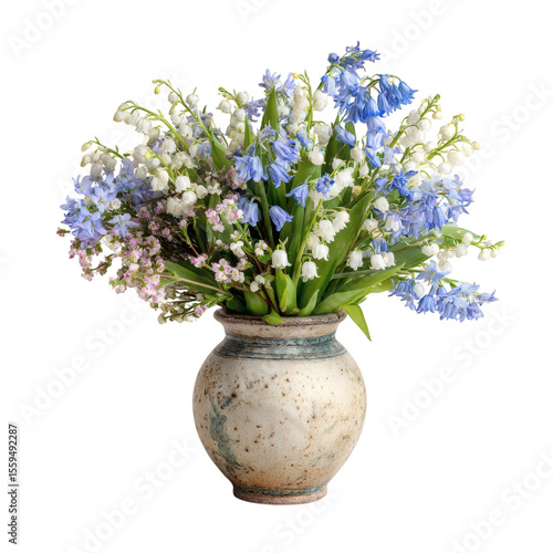 Pastel spring bouquet in an antique ceramic vase with lilies of the valley and bluebells, isolated on transparent background .