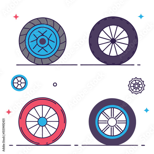 Collection of four stylized colorful flat design wheels and tires with spokes