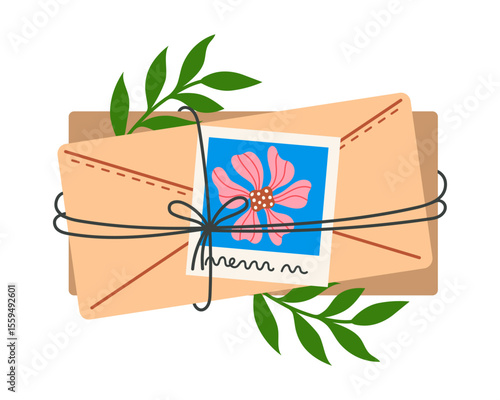 Stack of closed envelopes, vector icon. Vintage letters tied with a string, bow. Cute photo with a flower, branches of a plant with leaves. Message, postcard. Postal correspondence, isolated on white