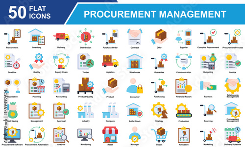 Procurement Management Icon Set Collection. Containing Procurement, Management, Supply Chain, Purchasing, Sourcing, Inventory, Logistics, Allocation, Distribution. Simple Flat Vector Illustration.