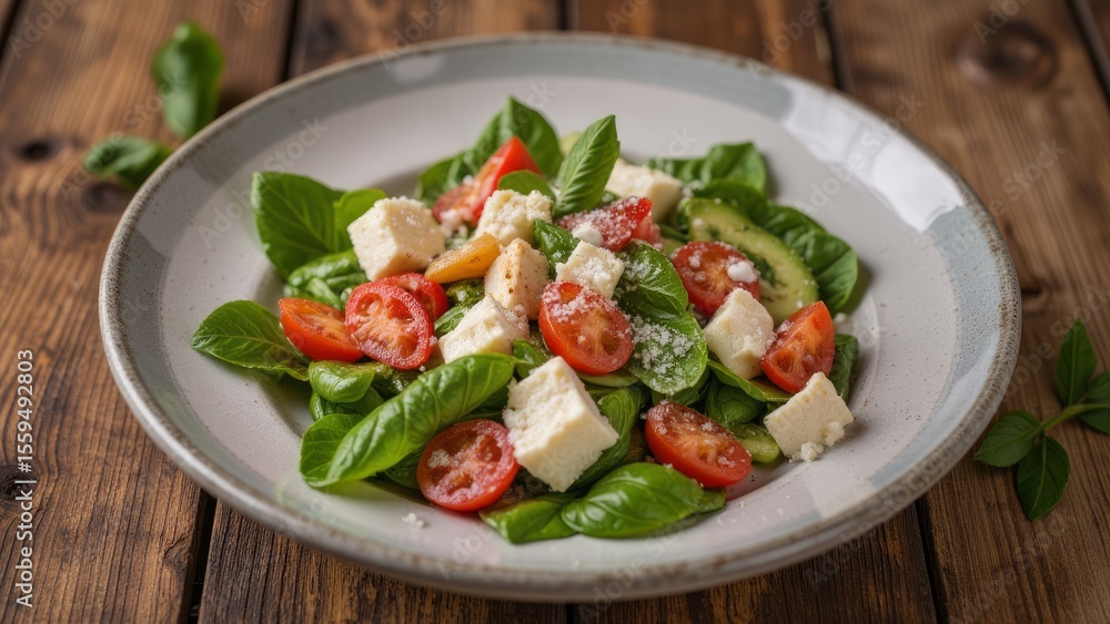 Fresh salad with vegetables and cheese on a plate. Fresh salad with vegetables and cheese on a plate.