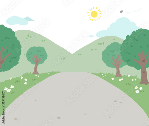森や山が見える道のベクターイラスト
