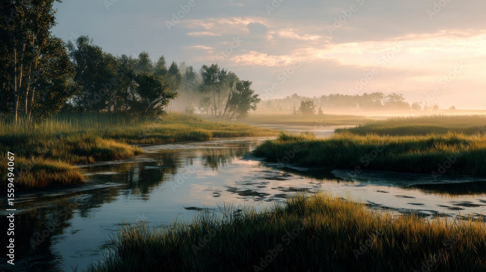 Fototapeta premium Misty river sunrise landscape