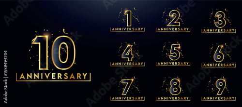 Set of golden anniversary logotypes for celebration events, weddings, greeting cards, and invitations. Gold emblem with number. Vector illustration	