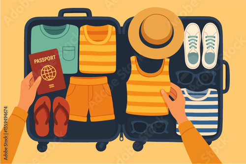 Suitcases clothes packing. Travel bag pack top view tourist hands prepare essentials in suitcase summer vacation trip journey passport shoes cartoon swanky vector illustration