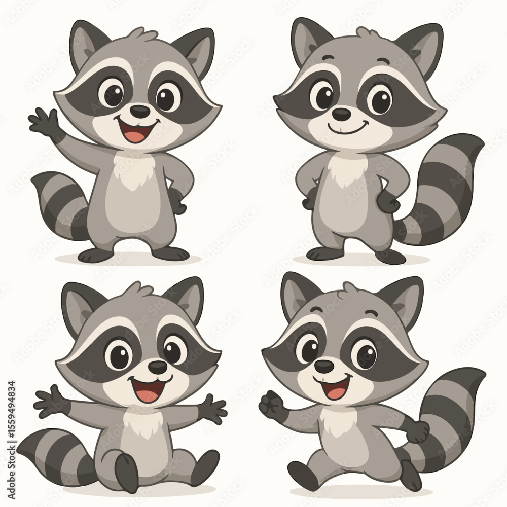 Vector Set Cartoon raccoon. Racoon cute character funny animal mascot poses Vector Set Cartoon raccoon. Racoon cute character funny animal mascot poses