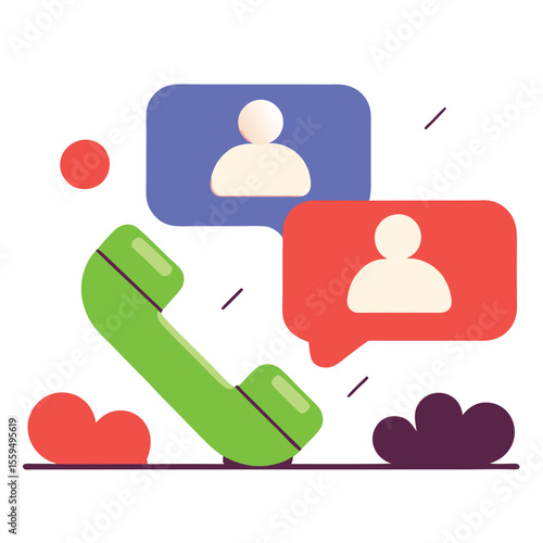 Illustration of a green telephone handset with chat bubbles and user icons