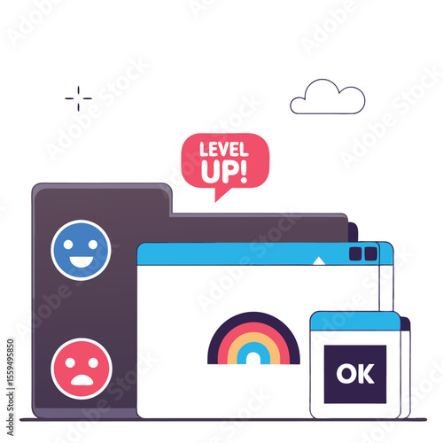 Digital progress and positive feedback with happy face and level up notification