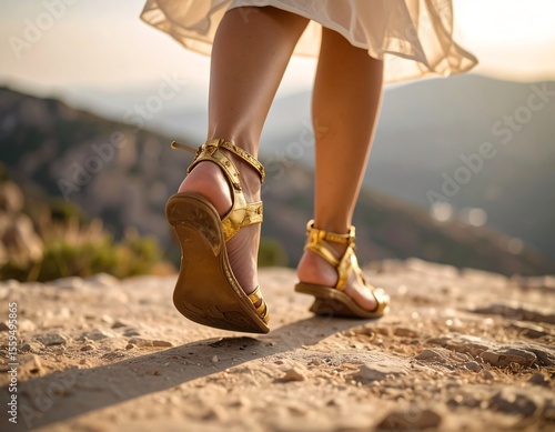 Hermes in mid-run, gold sandals glowing and trails of wind following him across a surreal rocky terrain.