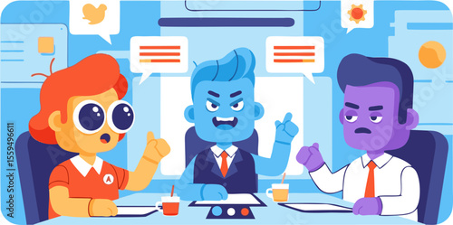 Animated Characters in a Meeting with Speech Bubbles and Expressive Gestures.