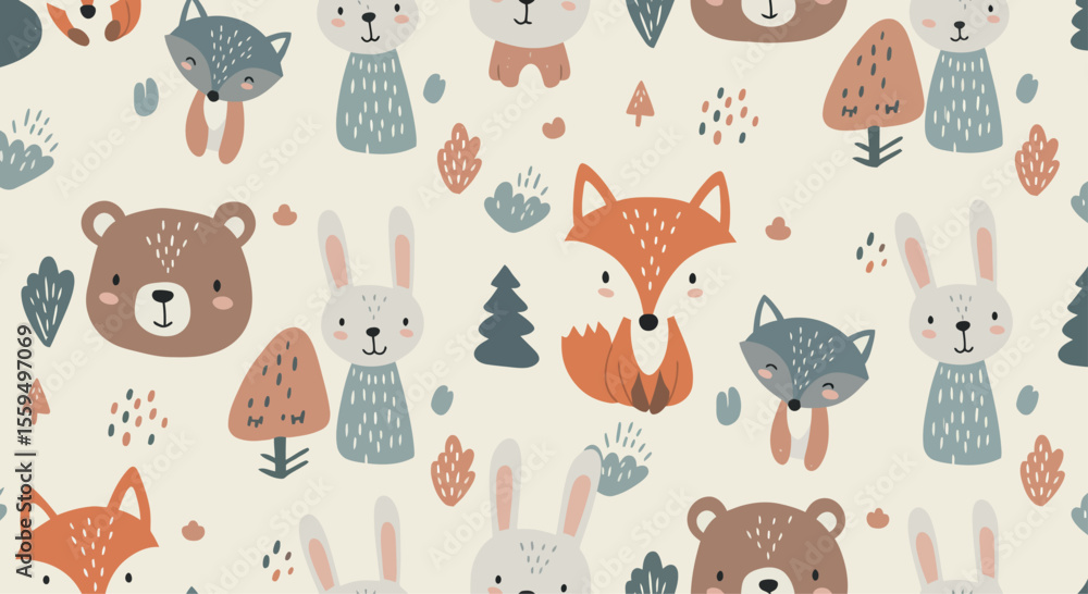 custom made wallpaper toronto digitalAdorable Woodland Creatures Seamless Pattern Cute Fox, Bear, Rabbit, and Wolf Illustration