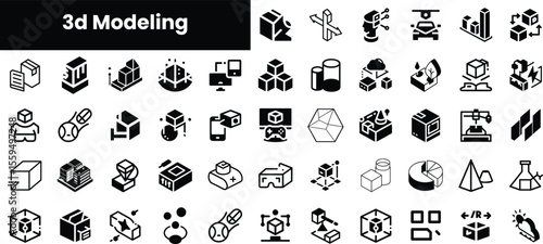 A variety of monochrome icons representing 3D modeling concepts, including shapes, tools, and data visualization elements, set against a clean background.