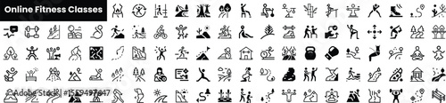 A diverse array of 50 fitness icons representing various online fitness classes, showcasing activities like yoga, weightlifting, running, and group workouts.