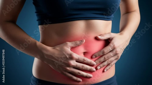 Wallpaper Mural Inner Turmoil: A close-up perspective of a person expressing stomach discomfort, hands pressing gently against the affected area, portraying the silent struggle with visceral pain. Torontodigital.ca