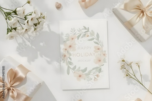 Wallpaper Mural Floral flat lay greeting card with beautifuly wrapped present and copy space. Torontodigital.ca