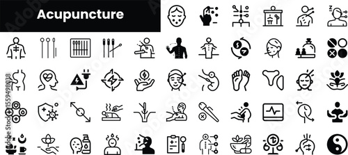A diverse collection of acupuncture-related icons, featuring treatment methods, acupuncture points, and wellness symbols in a minimalist black and white design.