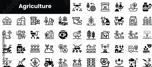 A collection of agricultural icons in black and white, showcasing various farming elements including crops, livestock, and agricultural technology.