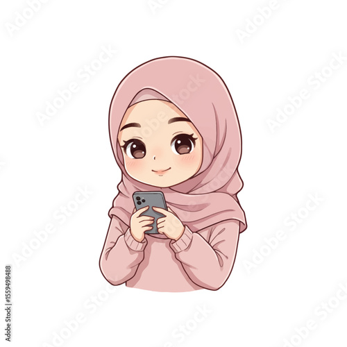 Hijab girl holding phone. Transparent vector