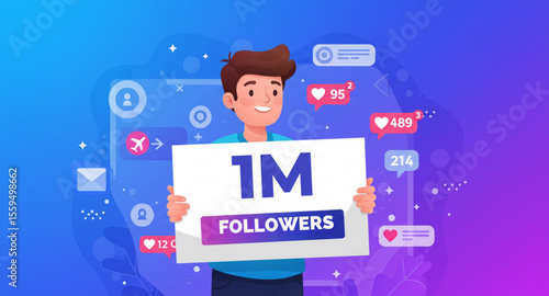 Man Holding 1 Million Followers Poster with Social Media Interaction Background – Vector Illustration