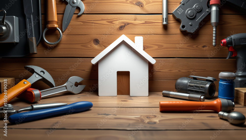 White paper house model surrounded by various hand tools on wooden surface, symbolizing home repair and construction work White paper house model surrounded by various hand tools on wooden surface, symbolizing home repair and construction work