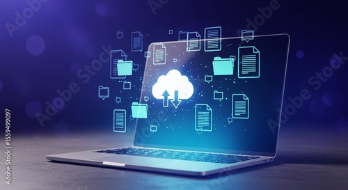 Wallpaper Mural Laptop displaying cloud computing interface with file icons and upload download arrows around cloud Torontodigital.ca