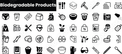 A collection of diverse biodegradable product icons, showcasing eco-friendly alternatives for daily use items including packaging, utensils, and personal care products.