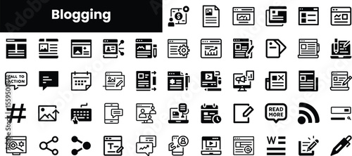 A collection of black and white icons representing various aspects of blogging, including content creation, engagement tools, and analytics.
