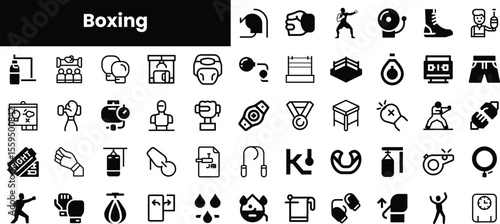 A collection of boxing icons featuring gloves, rings, athletes, and equipment, highlighting the intensity and dynamics of the sport in a cohesive design.