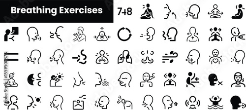 A collection of icons illustrating various breathing exercises, featuring diverse poses and techniques for relaxation and mindfulness.