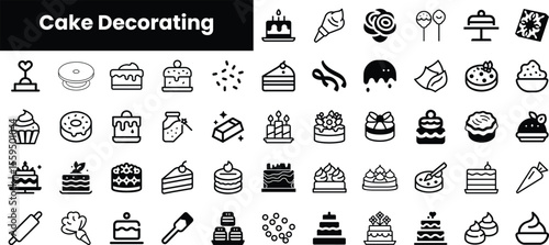 A collection of black and white icons illustrating various cake decorating elements, including cakes, frosting, and tools, perfect for baking enthusiasts.