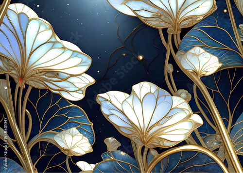 This collection showcases ten distinct artistic renderings of lotus flowers and blossoming motifs, each exhibiting a sophisticated blend of gold outlines, white petals, and varying shades of blue back