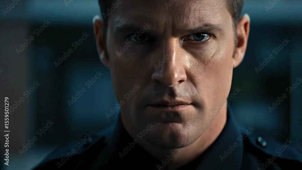Close up shot of a police officer in uniform with a serious expression looking directly at the camera view Close up shot of a police officer in uniform with a serious expression looking directly at the camera view
