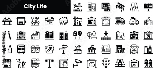 A diverse collection of urban icons depicting city life, including buildings, transportation, and public services in a minimalist black and white design.