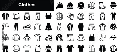 A diverse collection of clothing icons including shirts, pants, hats, and accessories, showcasing various styles suitable for different occasions.