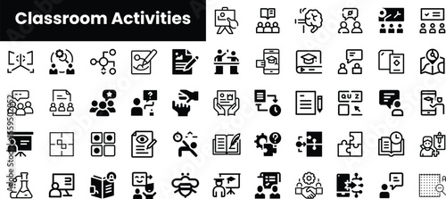 A diverse collection of icons representing classroom activities, including collaborative learning, assessments, presentations, and interactive sessions in a modern educational environment.