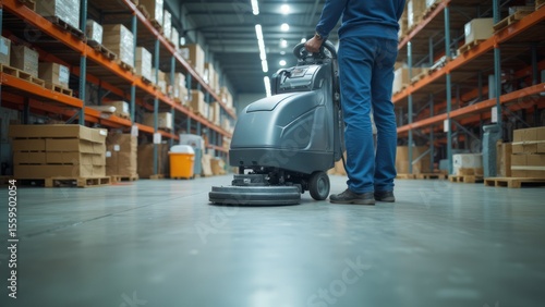 Warehouse floor being cleaned by a floor scrubber.