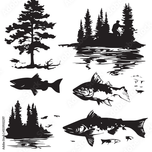 Walleye silhouette set, Black & White silhouette set