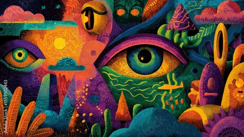 Vibrant abstract artwork featuring large eyes, swirling patterns, and colorful landscapes in a psychedelic style.