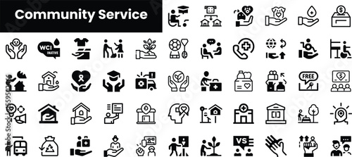 A vibrant collection of community service icons, showcasing diverse activities and support initiatives, emphasizing collaboration and compassion in various fields.