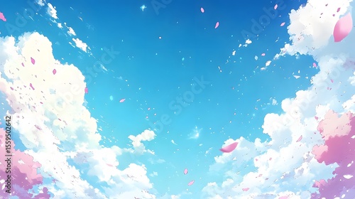 Dreamy Pink Petals Falling on Blue Sky with Fluffy Clouds