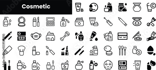 An assortment of cosmetic icons, featuring various beauty products like creams, brushes, and makeup tools in minimalist line art style.