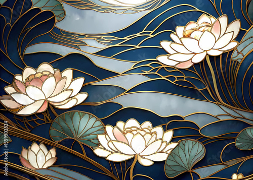This collection showcases ten distinct artistic renderings of lotus flowers and blossoming motifs, each exhibiting a sophisticated blend of gold outlines, white petals, and varying shades of blue back