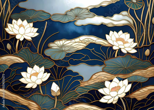 This collection showcases ten distinct artistic renderings of lotus flowers and blossoming motifs, each exhibiting a sophisticated blend of gold outlines, white petals, and varying shades of blue back