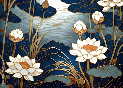 This collection showcases ten distinct artistic renderings of lotus flowers and blossoming motifs, each exhibiting a sophisticated blend of gold outlines, white petals, and varying shades of blue back